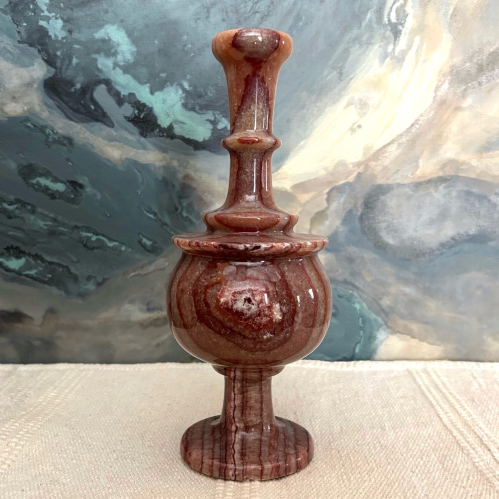 Vintage Onyx Alabaster Vase Hand Carved Rare Multicolor Red Rose Pink Marble